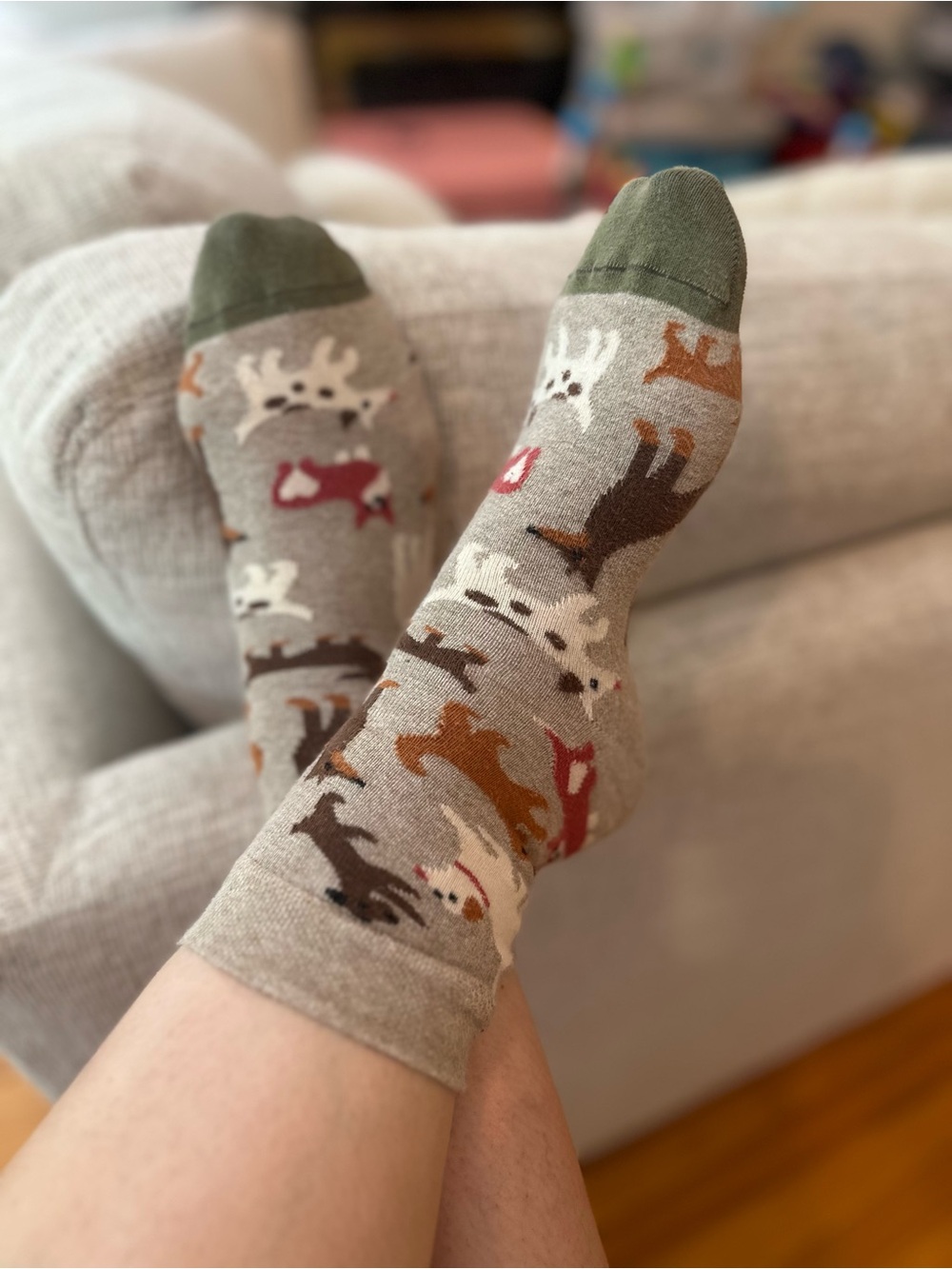 Women’s Novelty Dog Pattern Socks – Olive Toe, Taupe Base